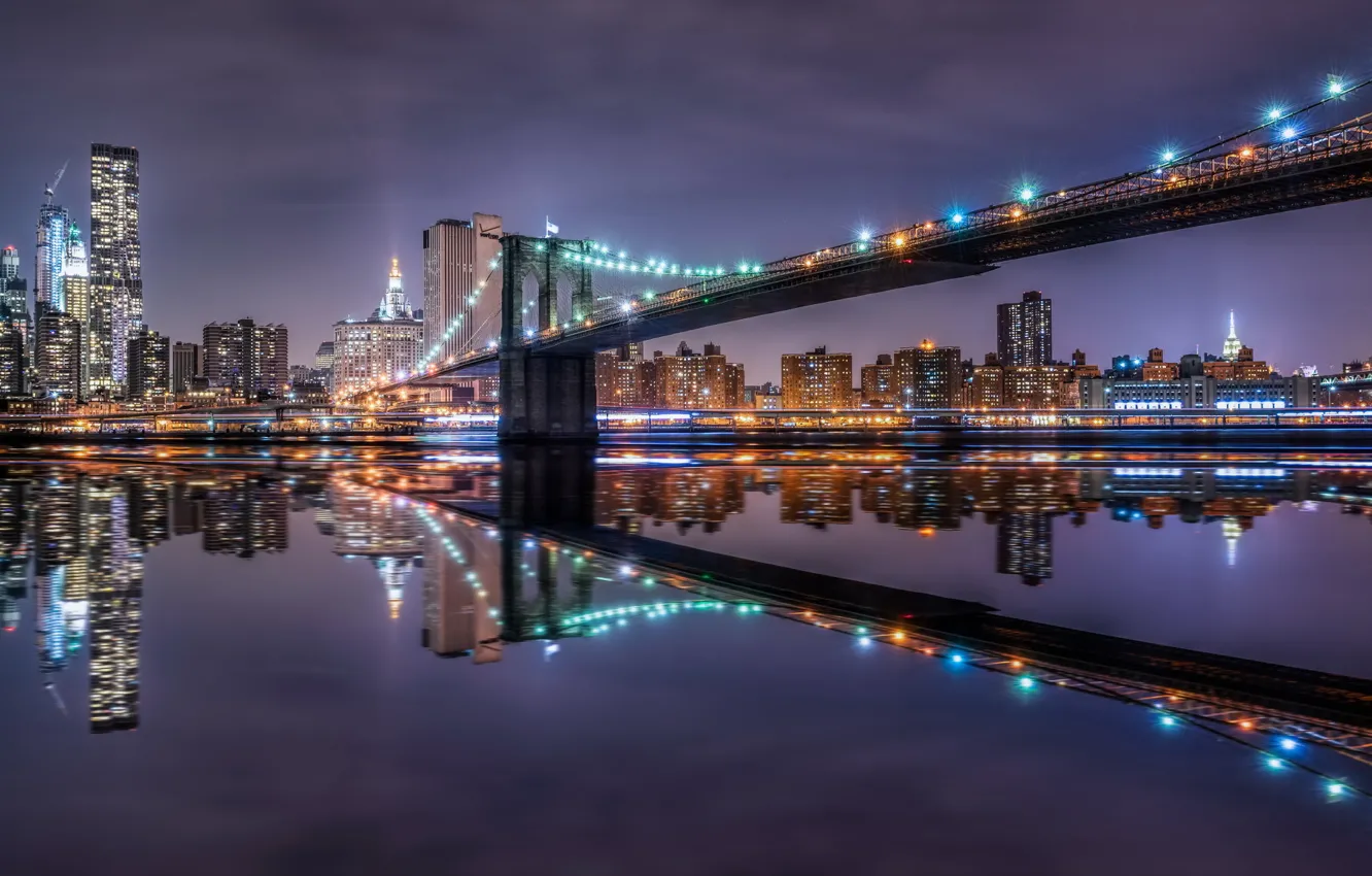 Фото обои ночь, город, Brooklyn Bridge