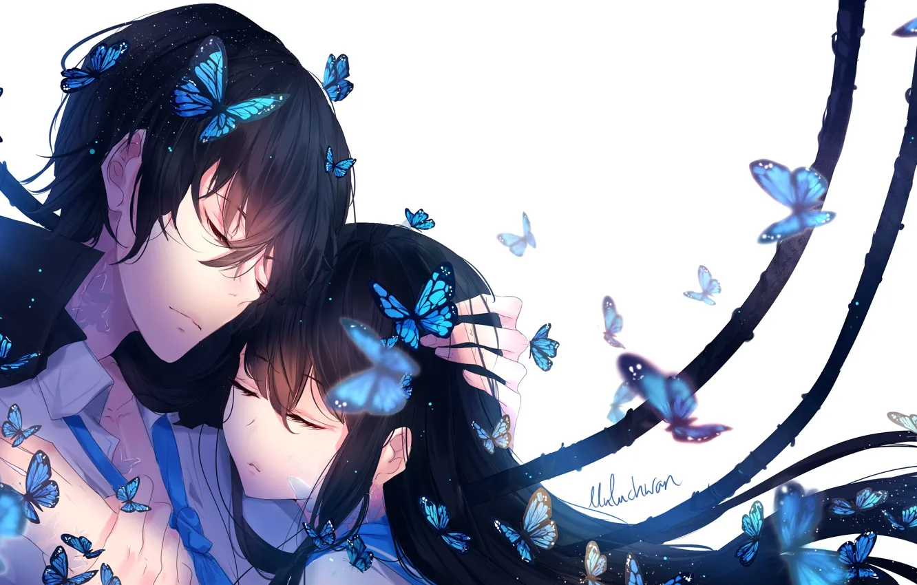 Фото обои девушка, бабочки, парень, by lluluchwan