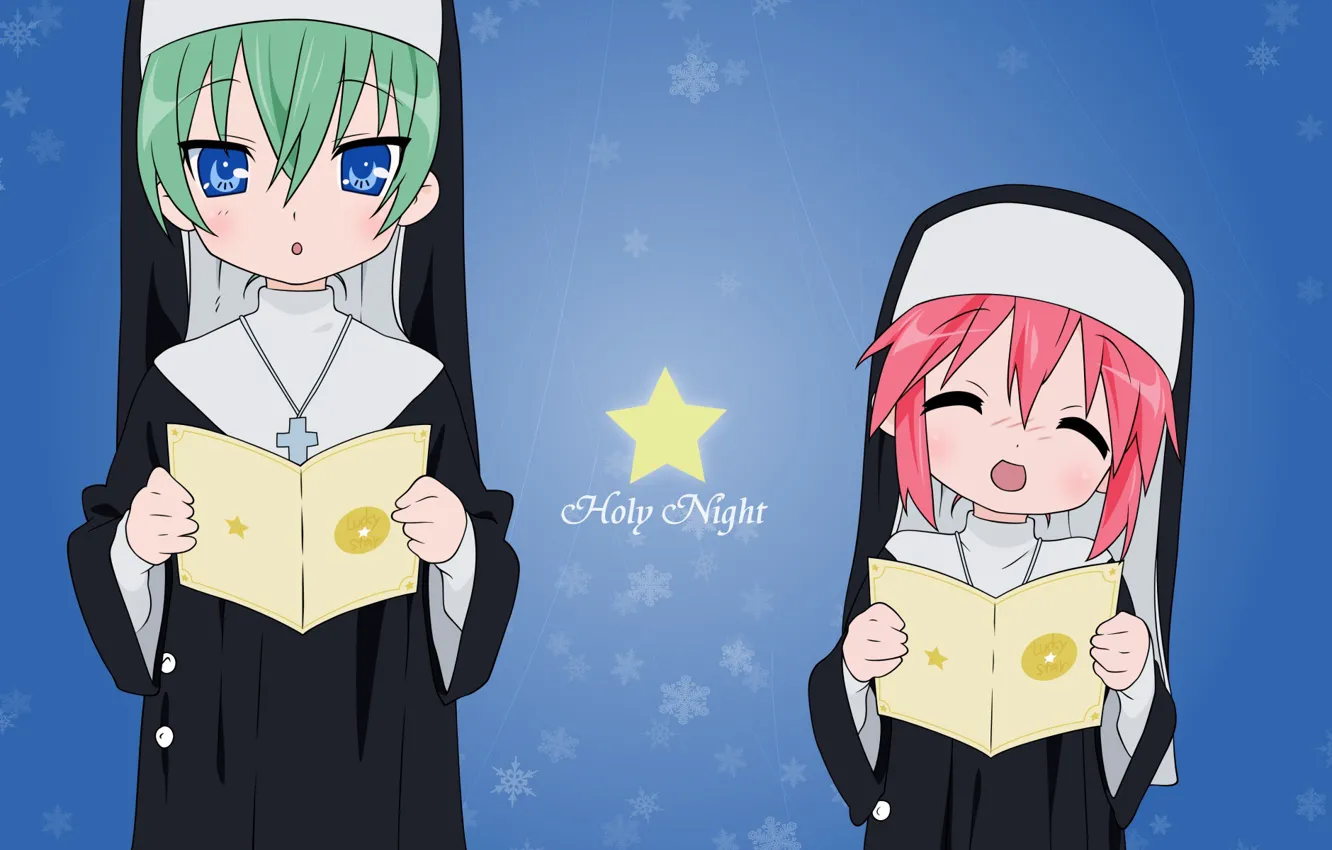 Фото обои снежинки, две, звезда, зеленые волосы, подруги, розовые волосы, пение, Lucky Star