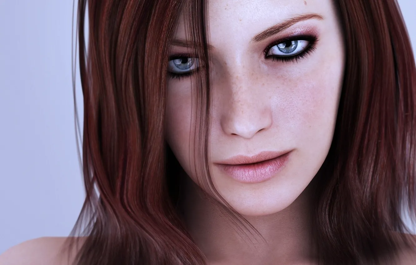 Фото обои girl, sexy, blue eyes, face, redhead, beautiful woman, pink lips, black eyes lined