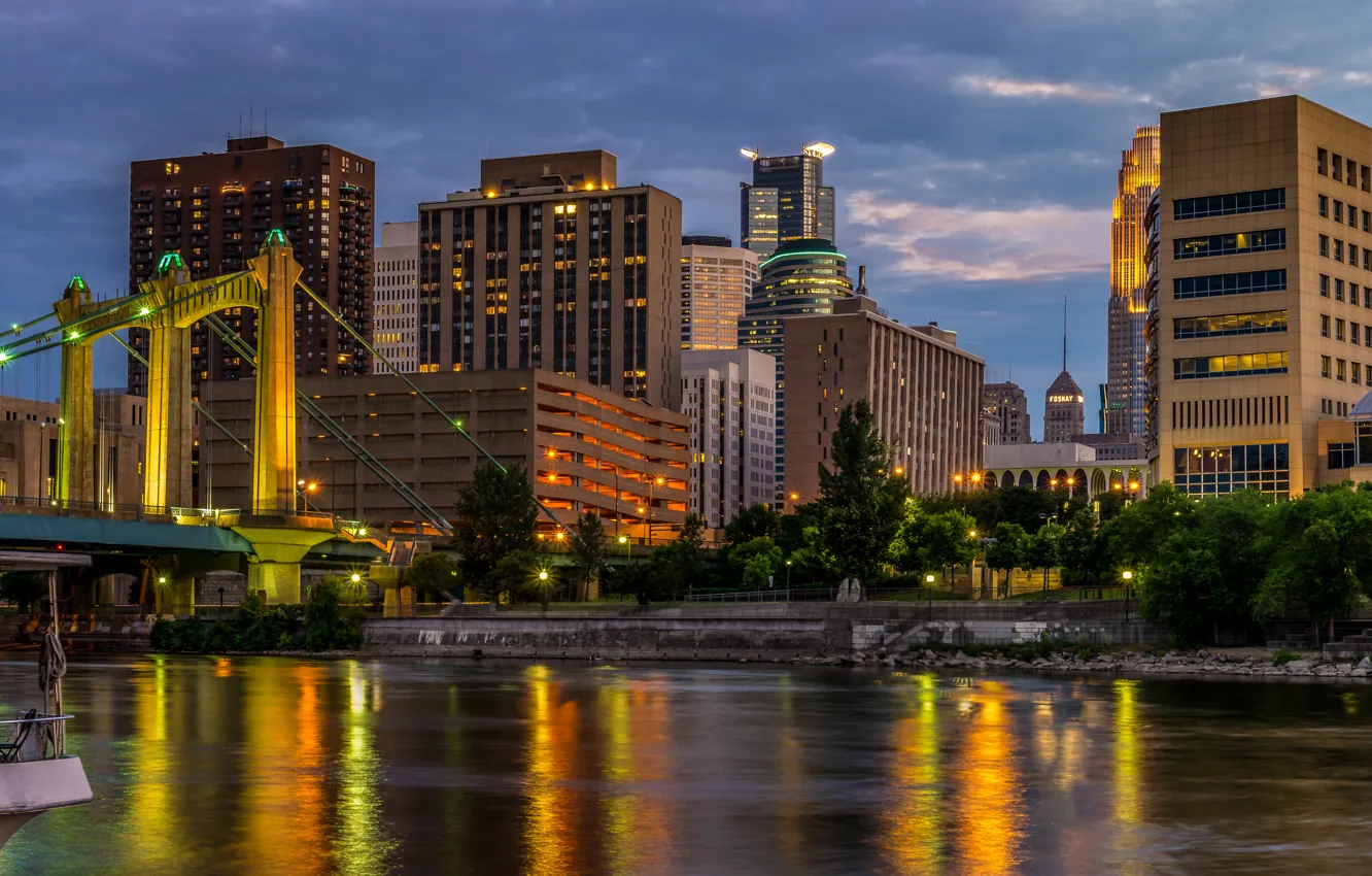 Фото обои ночь, мост, огни, здания, США, Minneapolis, Миннеаполис, Миссисипи