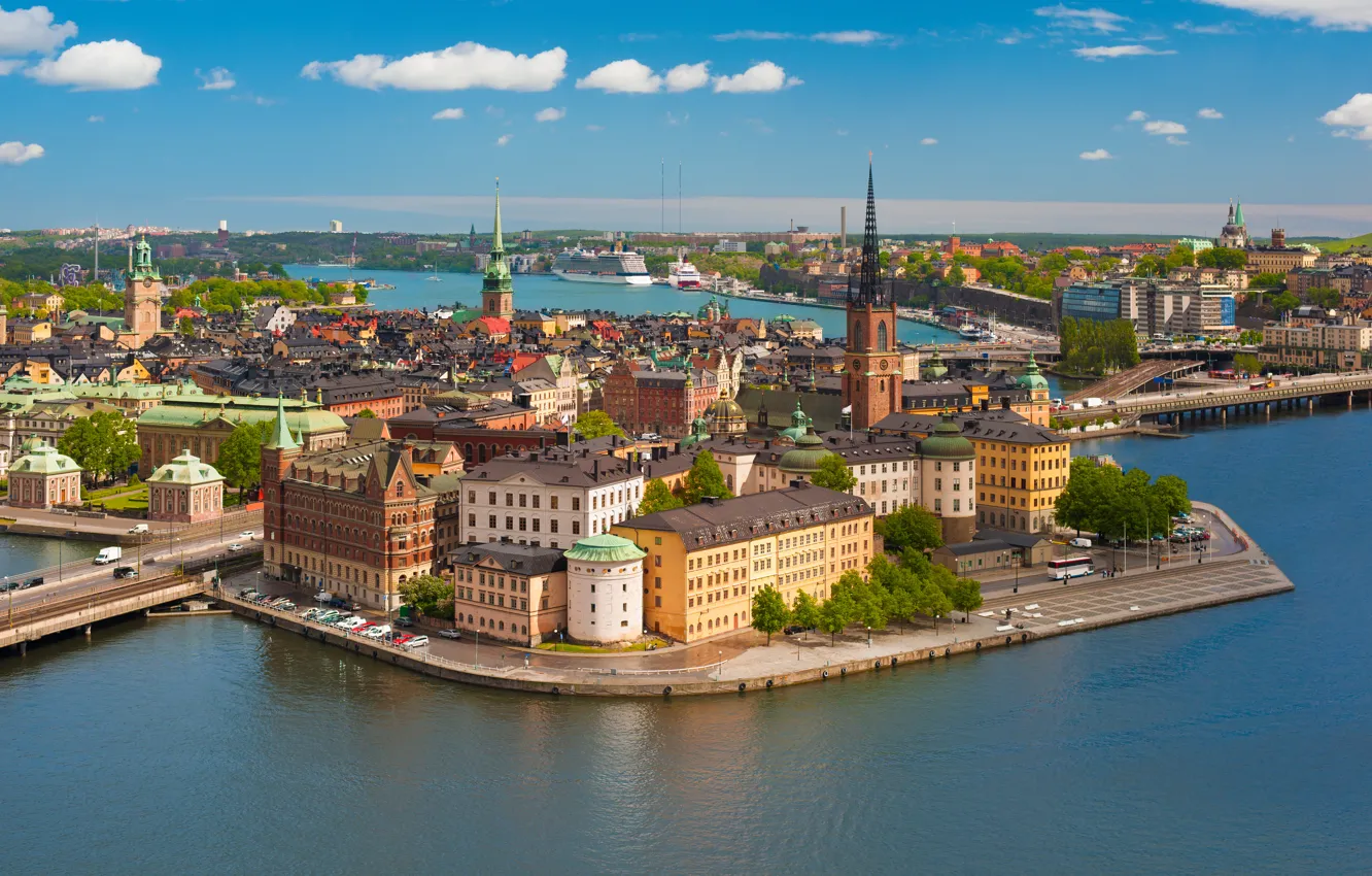 Фото обои здания, панорама, Стокгольм, Швеция, мосты, набережная, реки, Sweden