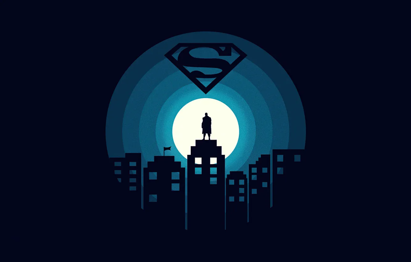 Фото обои ночь, город, силуэт, superman