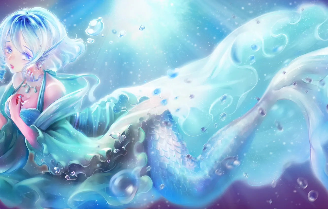 Фото обои вода, девушка, пузырьки, русалка, арт, хвост, touhou, wakasagihime
