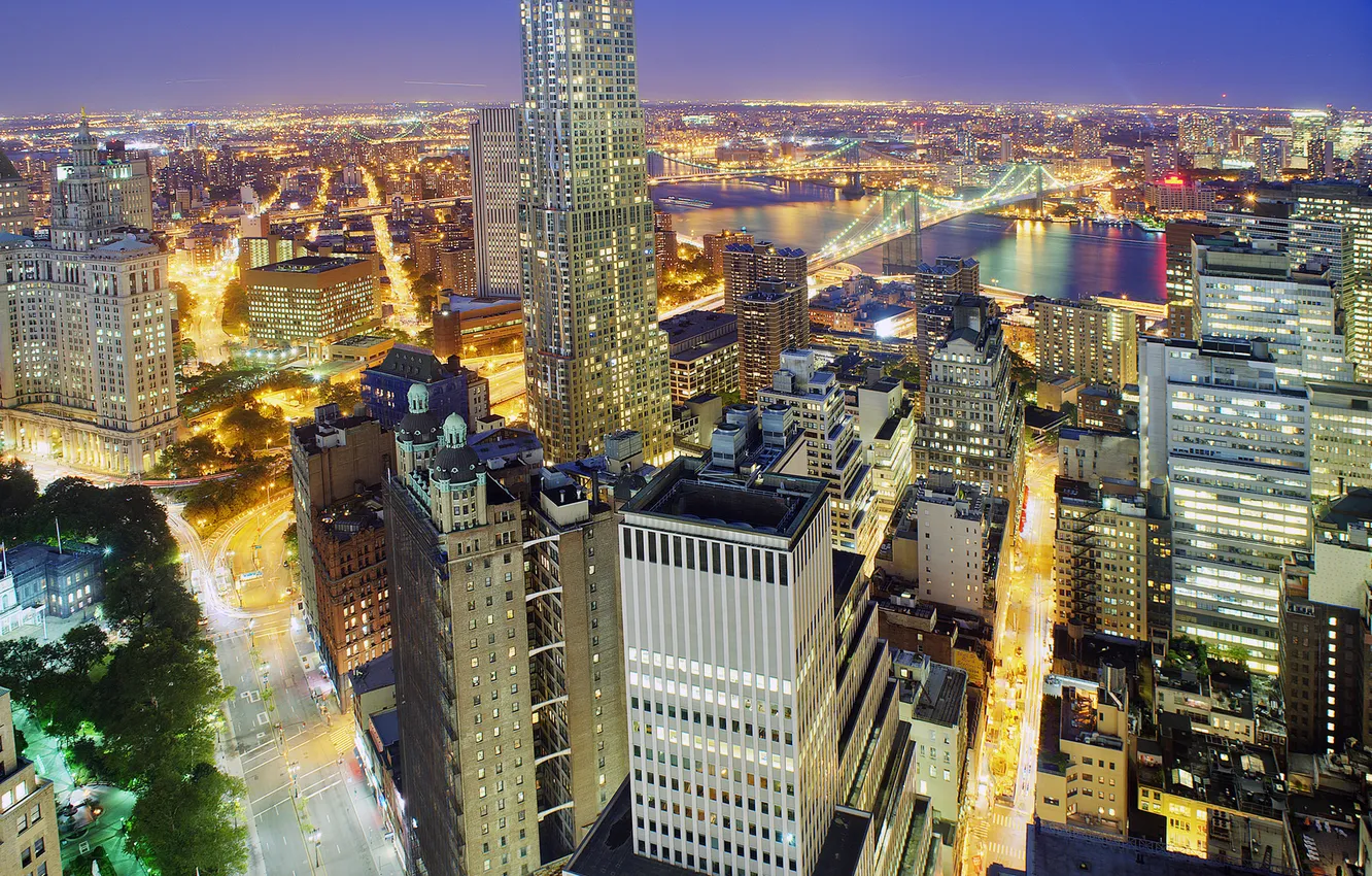 Фото обои ночь, город, огни, река, небоскреб, Нью-Йорк, Бруклин, панорама