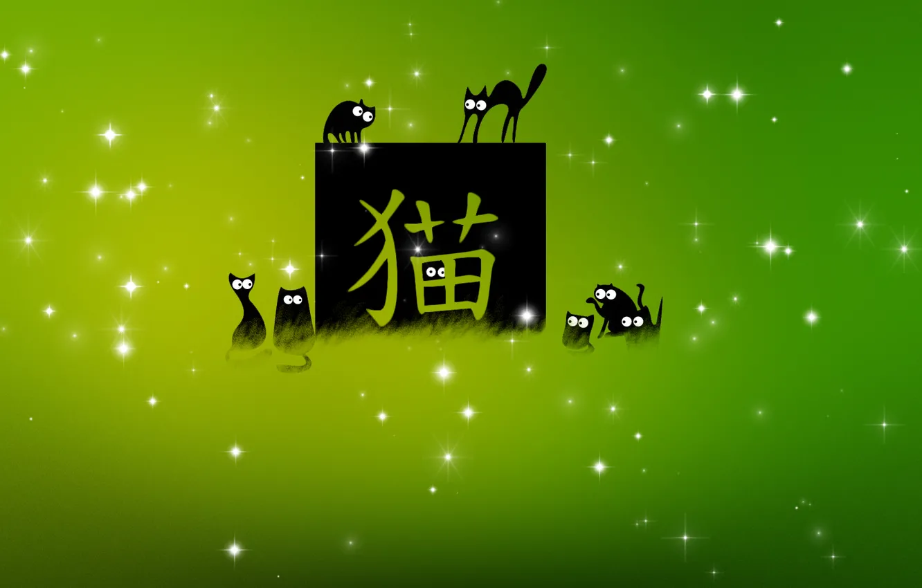 Фото обои Stars, Green, Cat, Cats