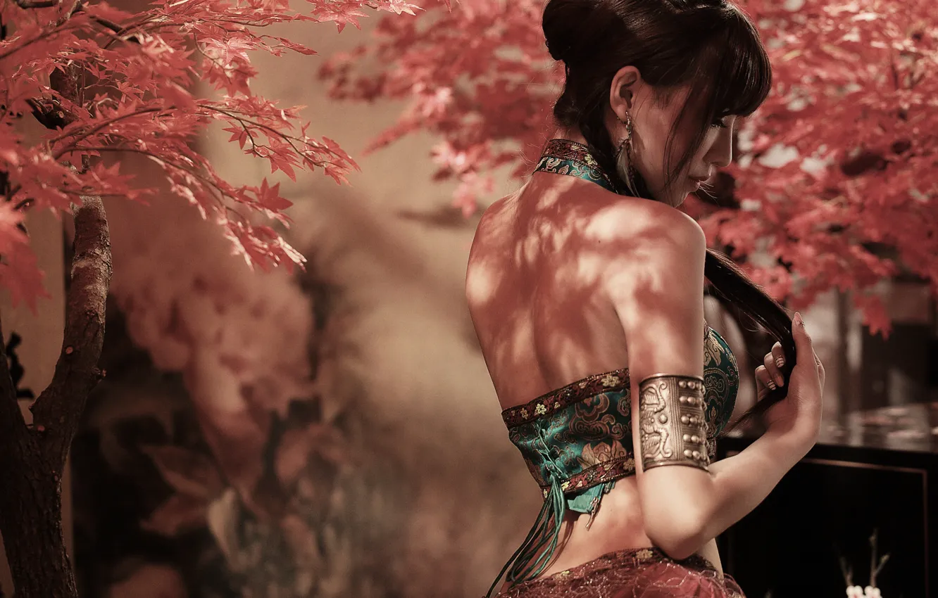 Фото обои осень, девушка, деревья, природа, спина, брюнетка, наряд, азиатка