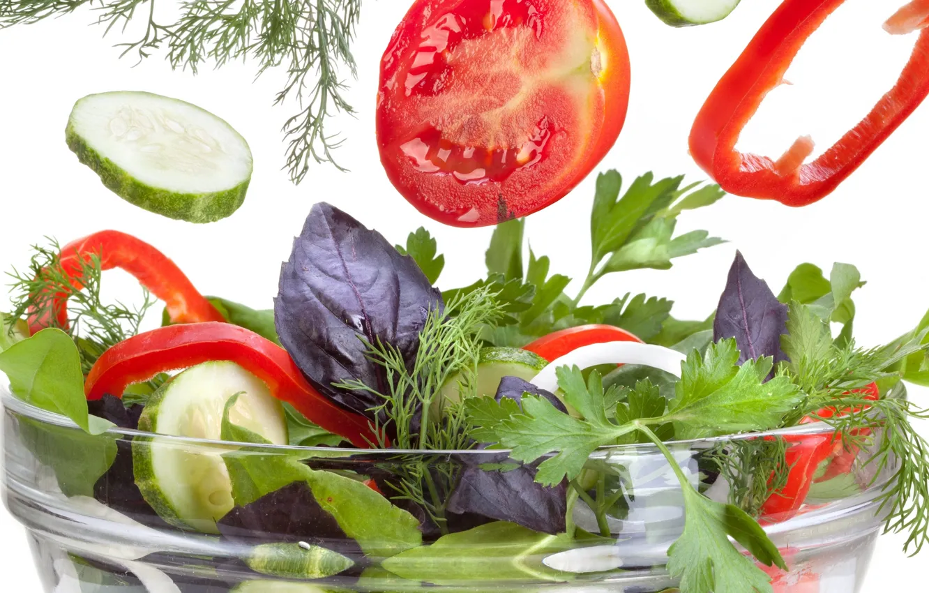 Фото обои зелень, огурец, укроп, помидор, петрушка, салат, паприка, pepper