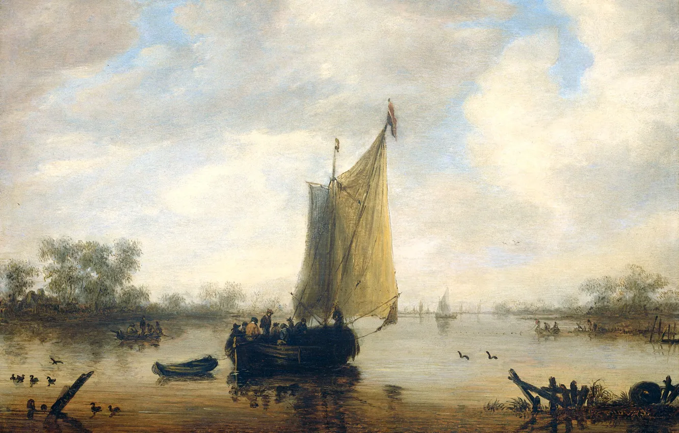 Фото обои пейзаж, лодка, картина, парус, Вид Реки, Jeronymus van Diest II