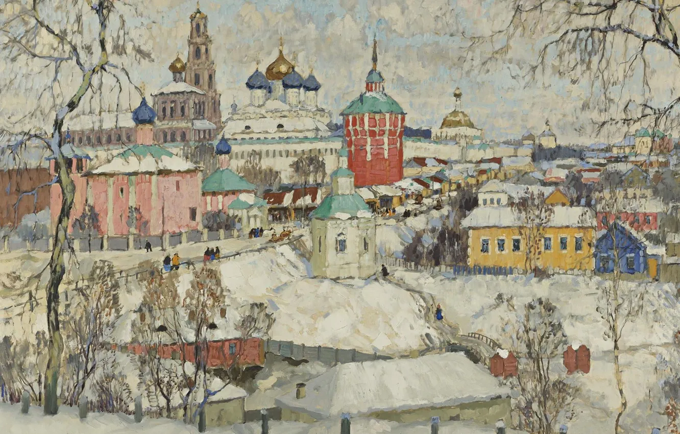 Фото обои зима, снег, дома, картина, городской пейзаж, Константин Горбатов, Вид Троице-Сергиевой Лавры
