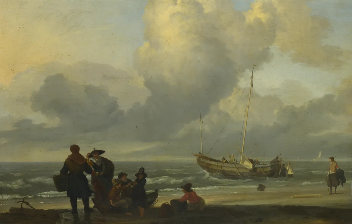 Фото обои люди, лодка, картина, Людольф Бакхёйзен, Ludolf Bakhuizen, Пляжная Сцена с Рыбаками