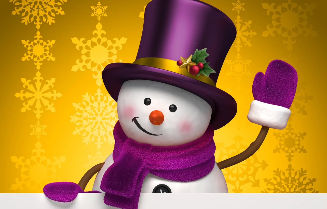 Фото обои зима, снежинки, жёлтый, праздник, графика, рождество, шляпа, снеговик