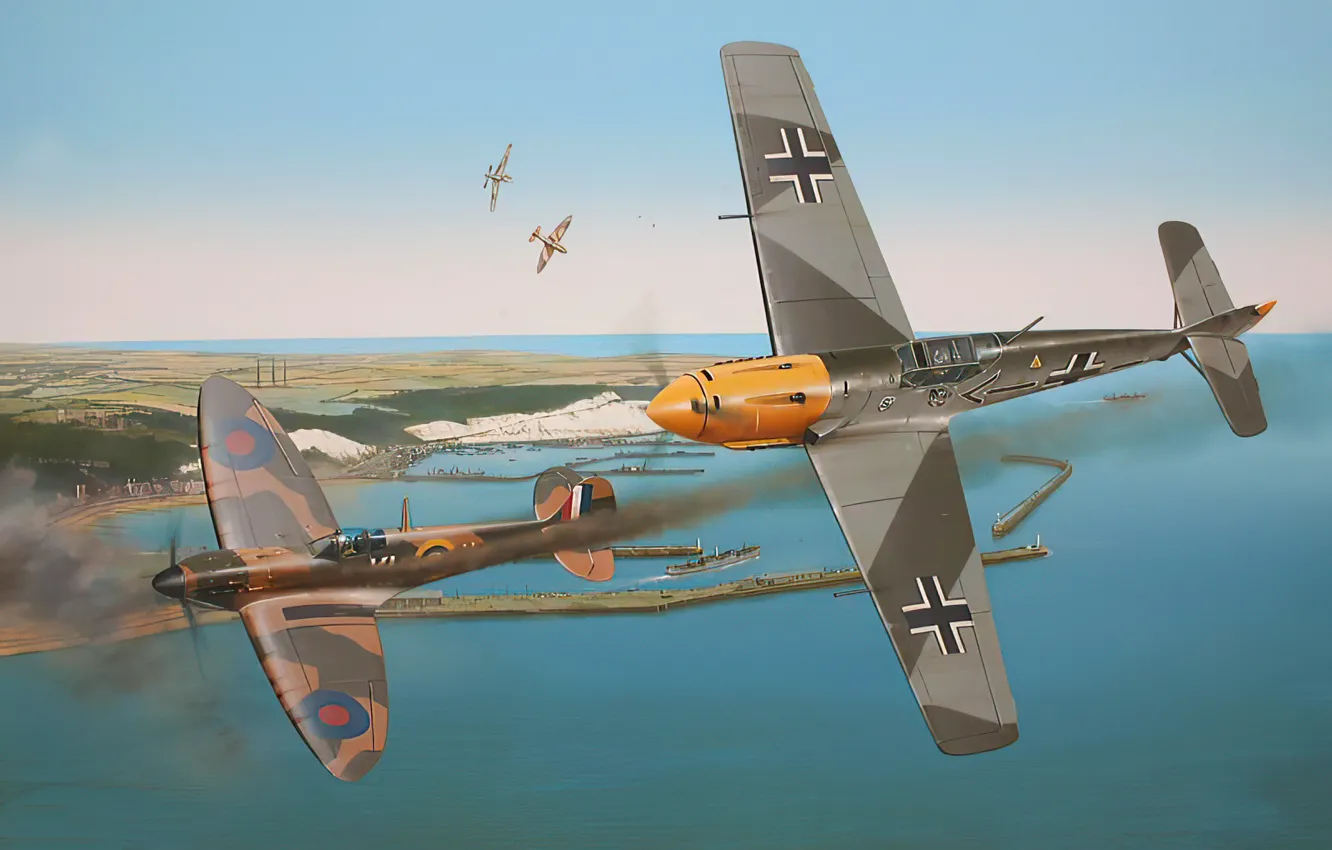 Фото обои art, spitfire, airplane, aviation, bf-109, ww2