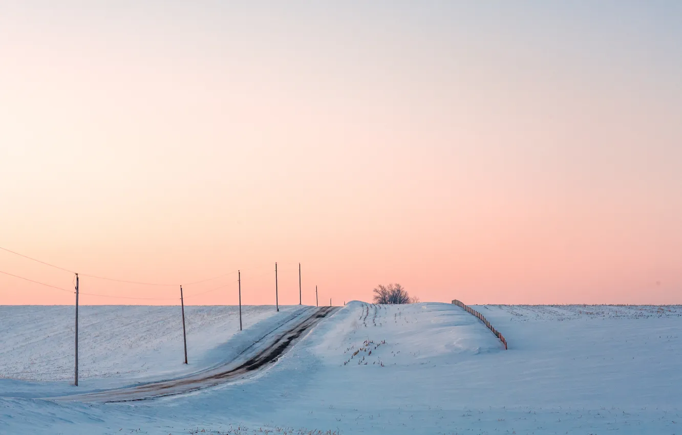 Фото обои зима, дорога, поле, утро
