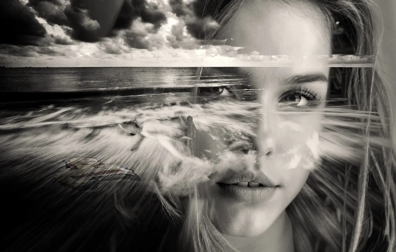 Фото обои море, девушка, лицо, черно белая картинка