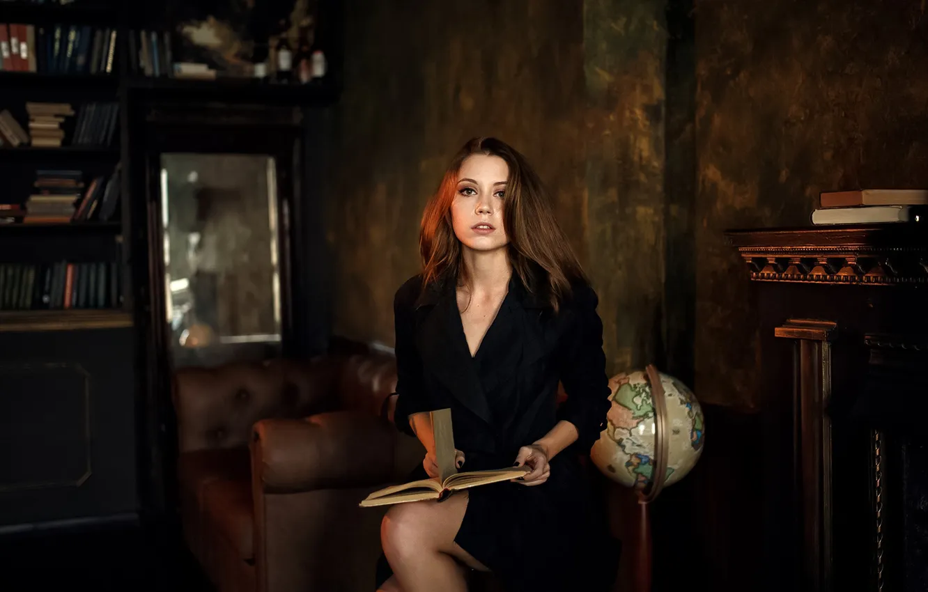 Фото обои Model, Reading, Black Dress, Library, Ksenia Kokoreva