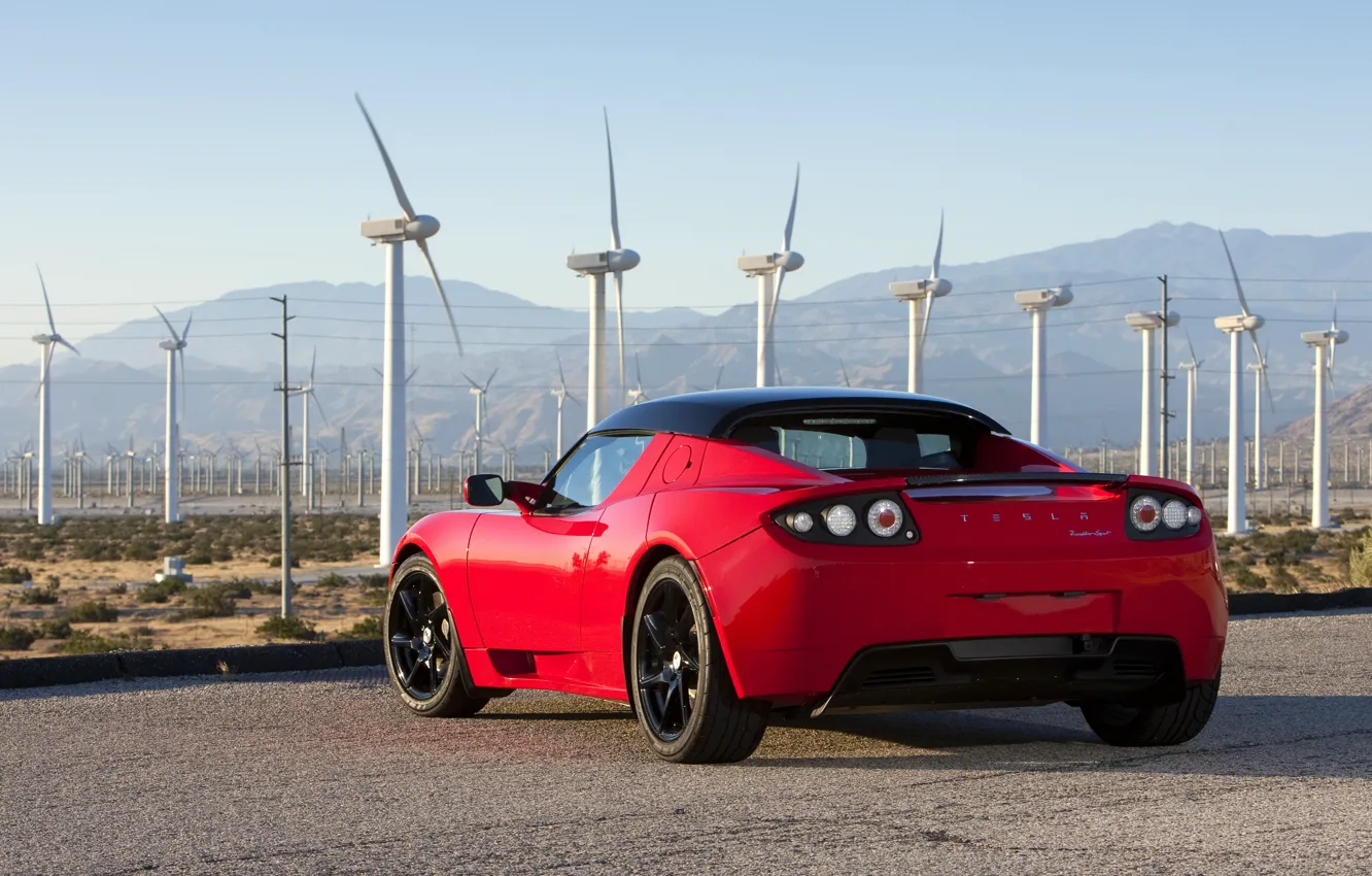 Фото обои небо, спорт, Roadster, мельницы, автомобиль, Tesla, Sport, ветряные