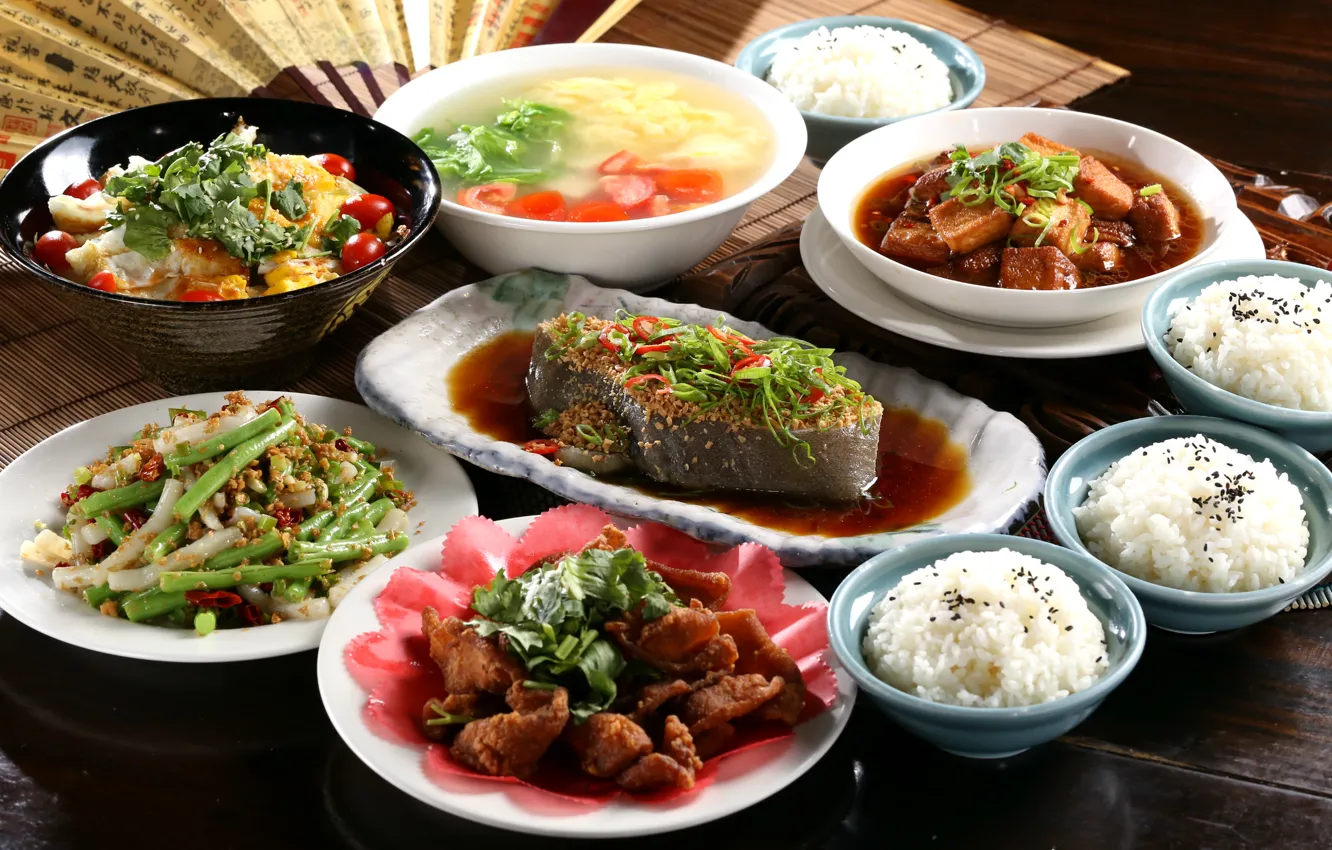 Фото обои рыба, суп, рис, овощи, морепродукты, японская кухня, блюда, ассорти