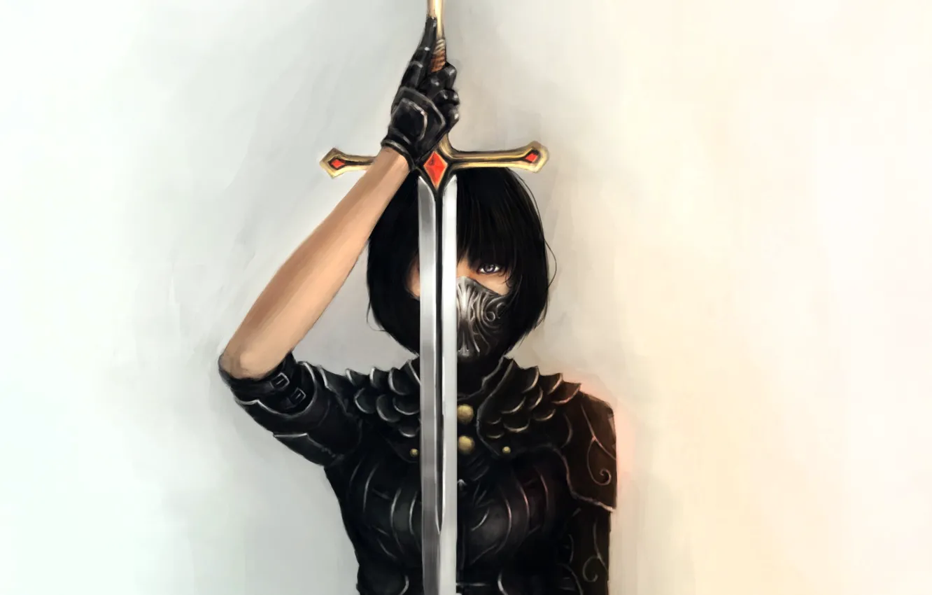 Фото обои девушка, меч, маска, арт, клинок