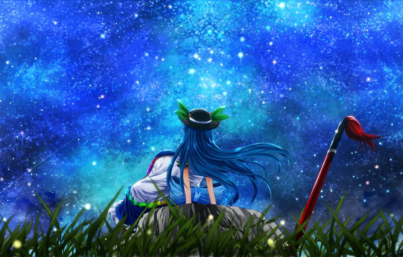 Фото обои небо, трава, девушка, звезды, меч, шляпа, арт, touhou