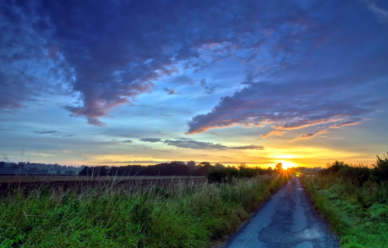 Фото обои дорога, поле, пейзаж, закат