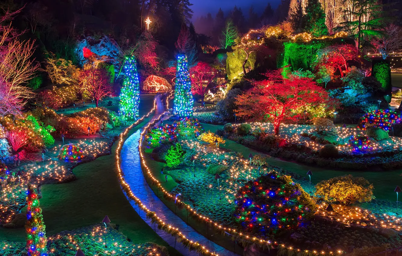 Фото обои огни, Канада, Рождество, Британская Колумбия, остров Ванкувер, Butchart Gardens, Сады Бутчартов, группа ботанических садов