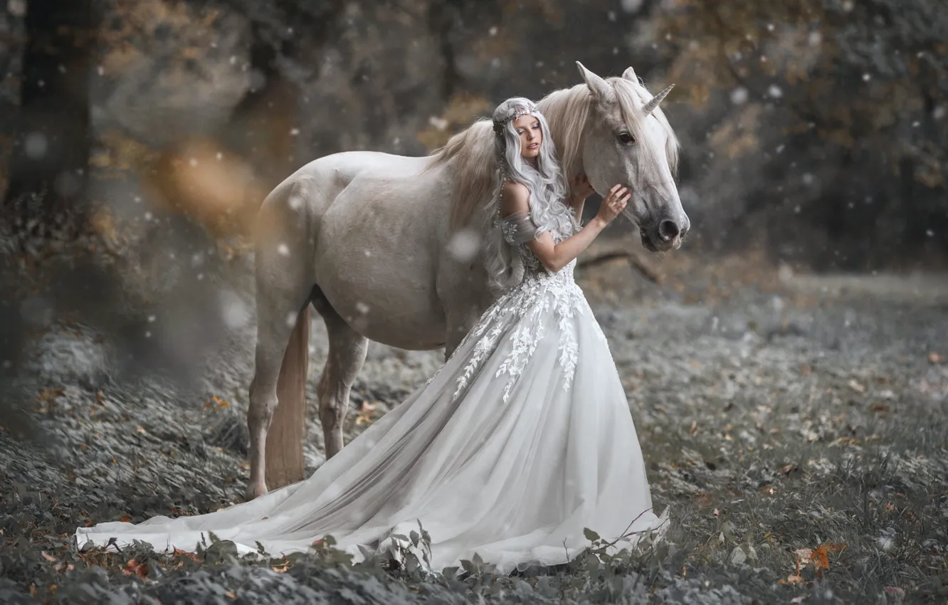 Фото обои девушка, природа, стиль, конь, лошадь, платье, фэнтези, единорог