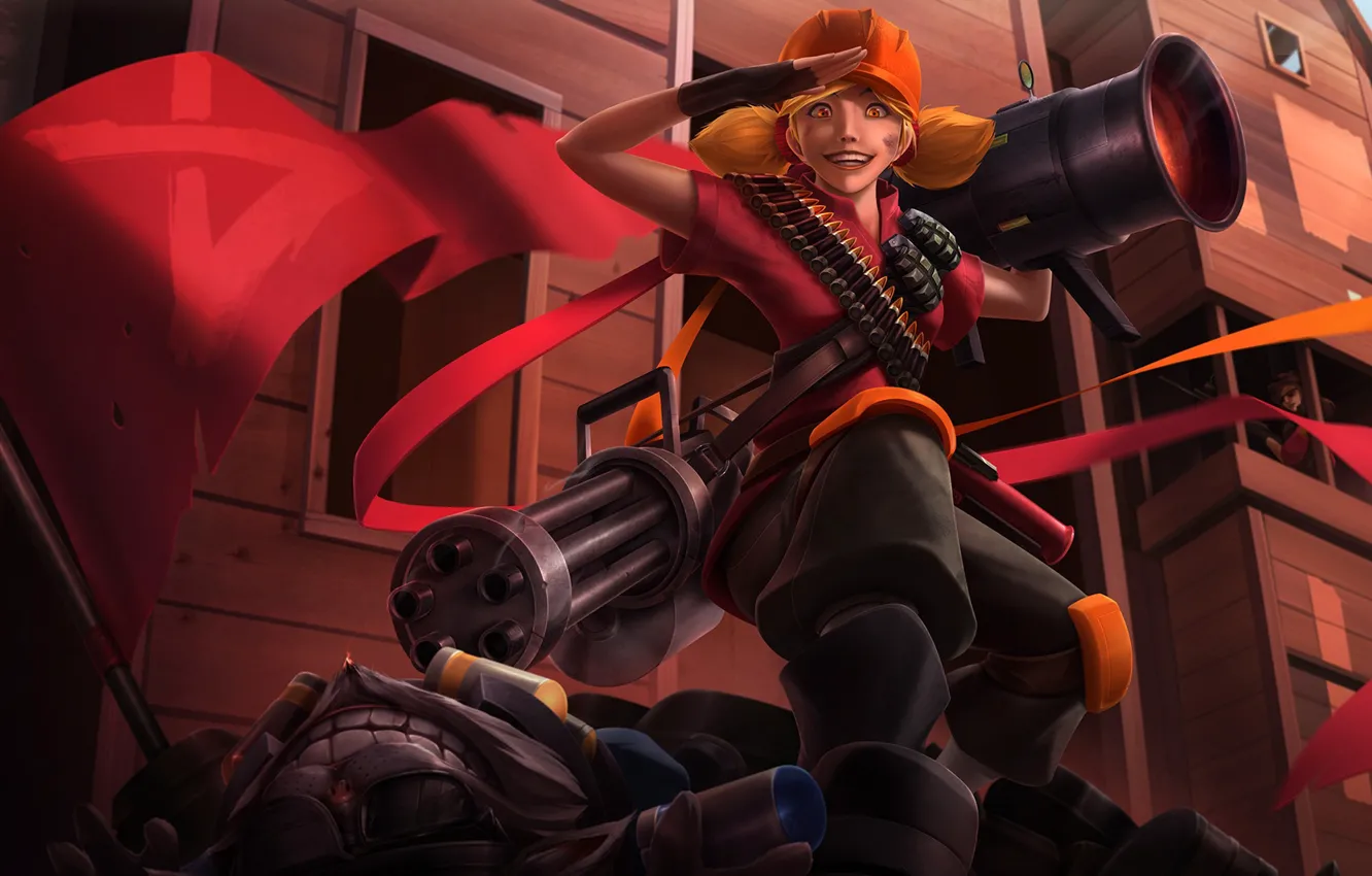 Фото обои девушка, арт, пулемет, пушка, Team Fortress 2, lol, crossover, tf2
