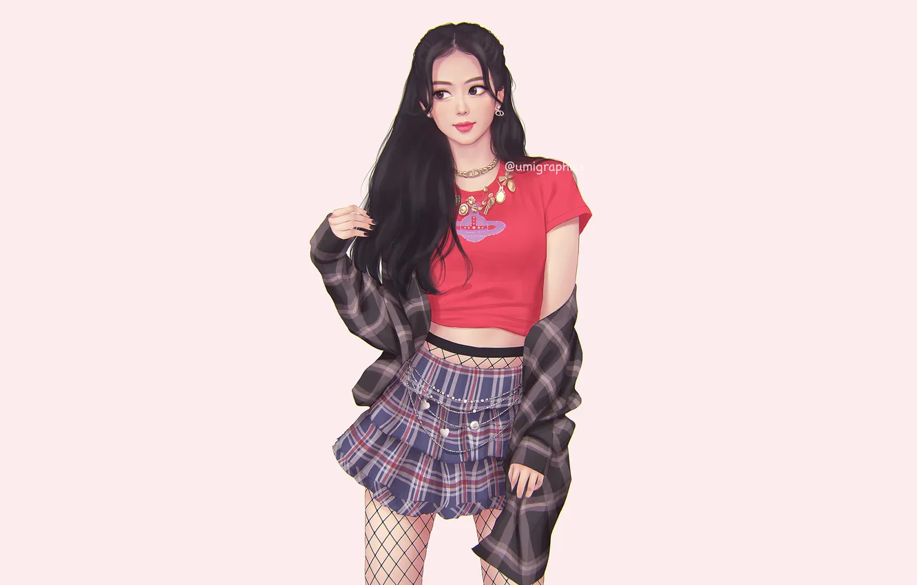 Фото обои Asian, fan art, artwork, drawing, simple background, K pop, miniskirt, T shirt
