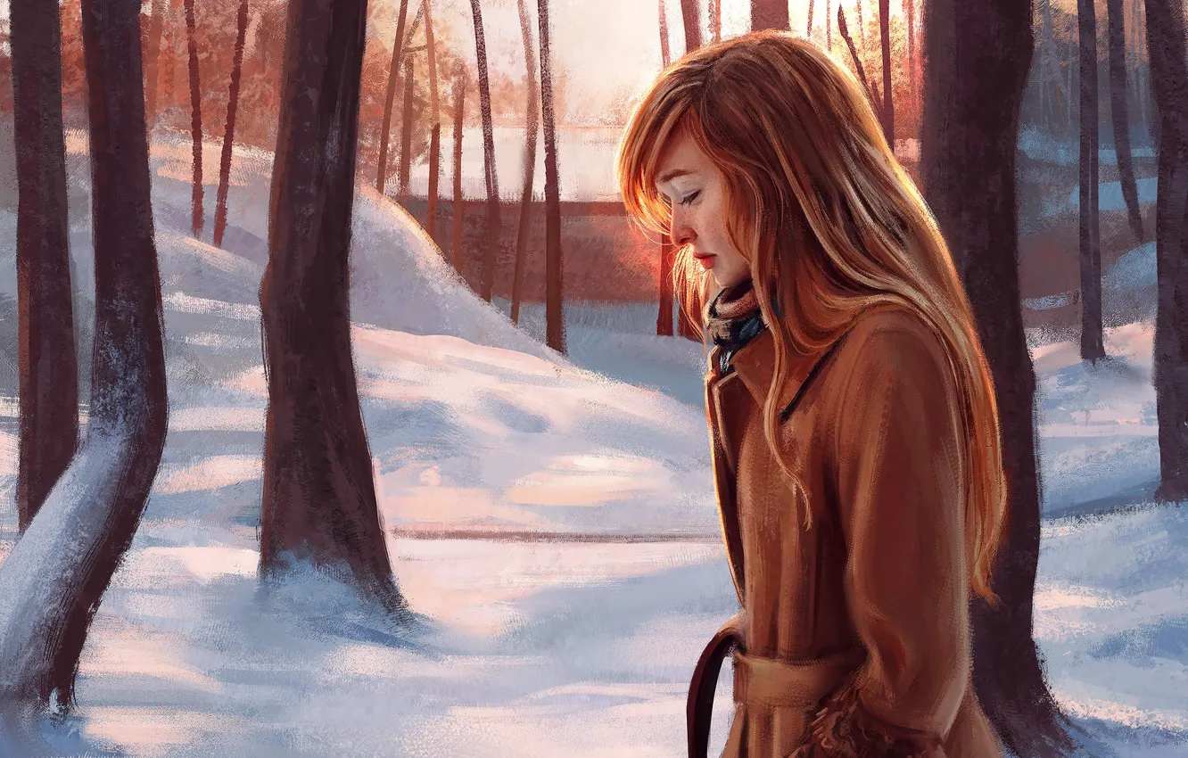 Фото обои Зима, Девушка, Рисунок, Деревья, Снег, Girl, Арт, Art