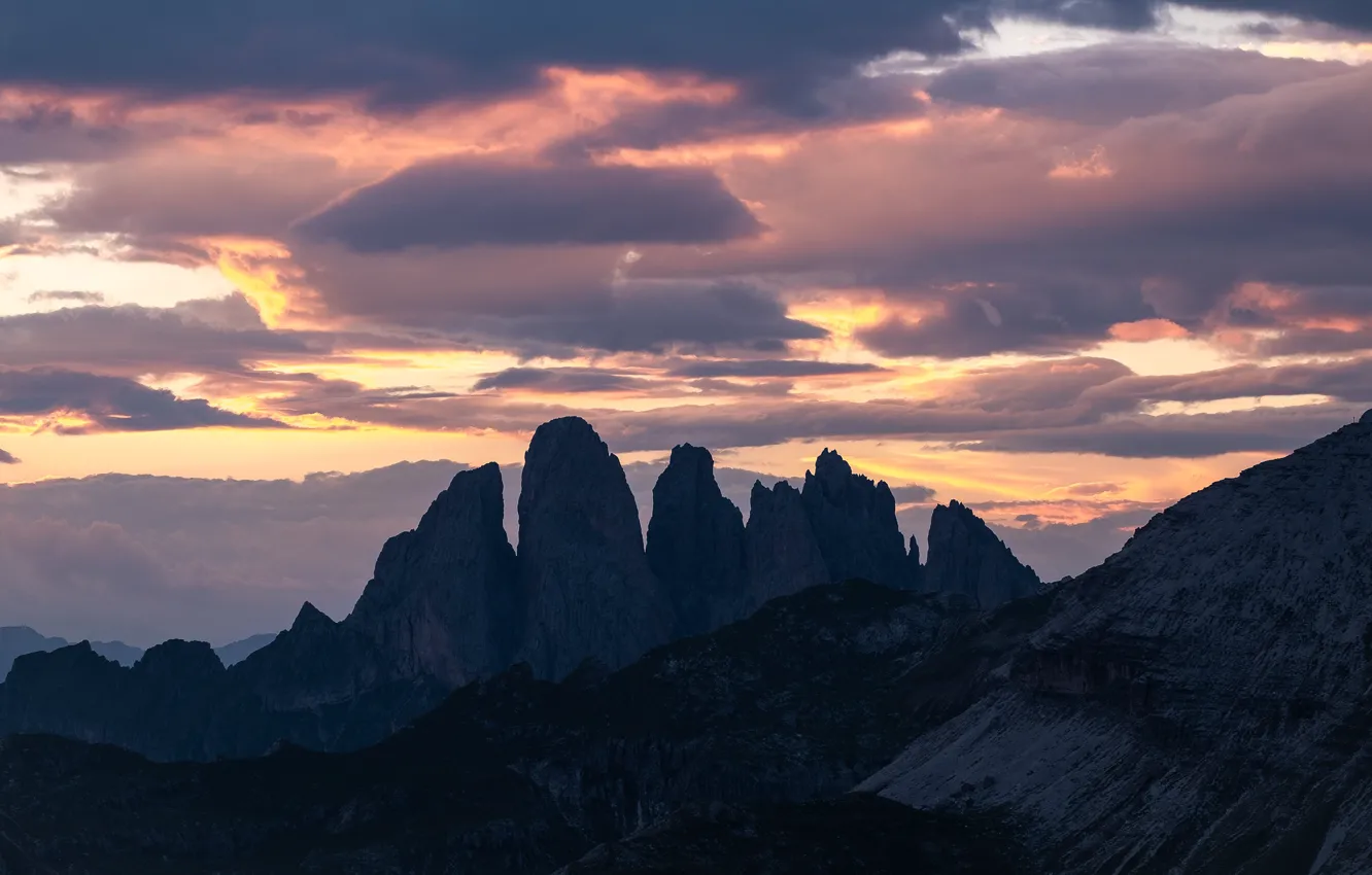 Фото обои небо, облака, закат, горы, природа, скалы, Dolomites, Доломиты