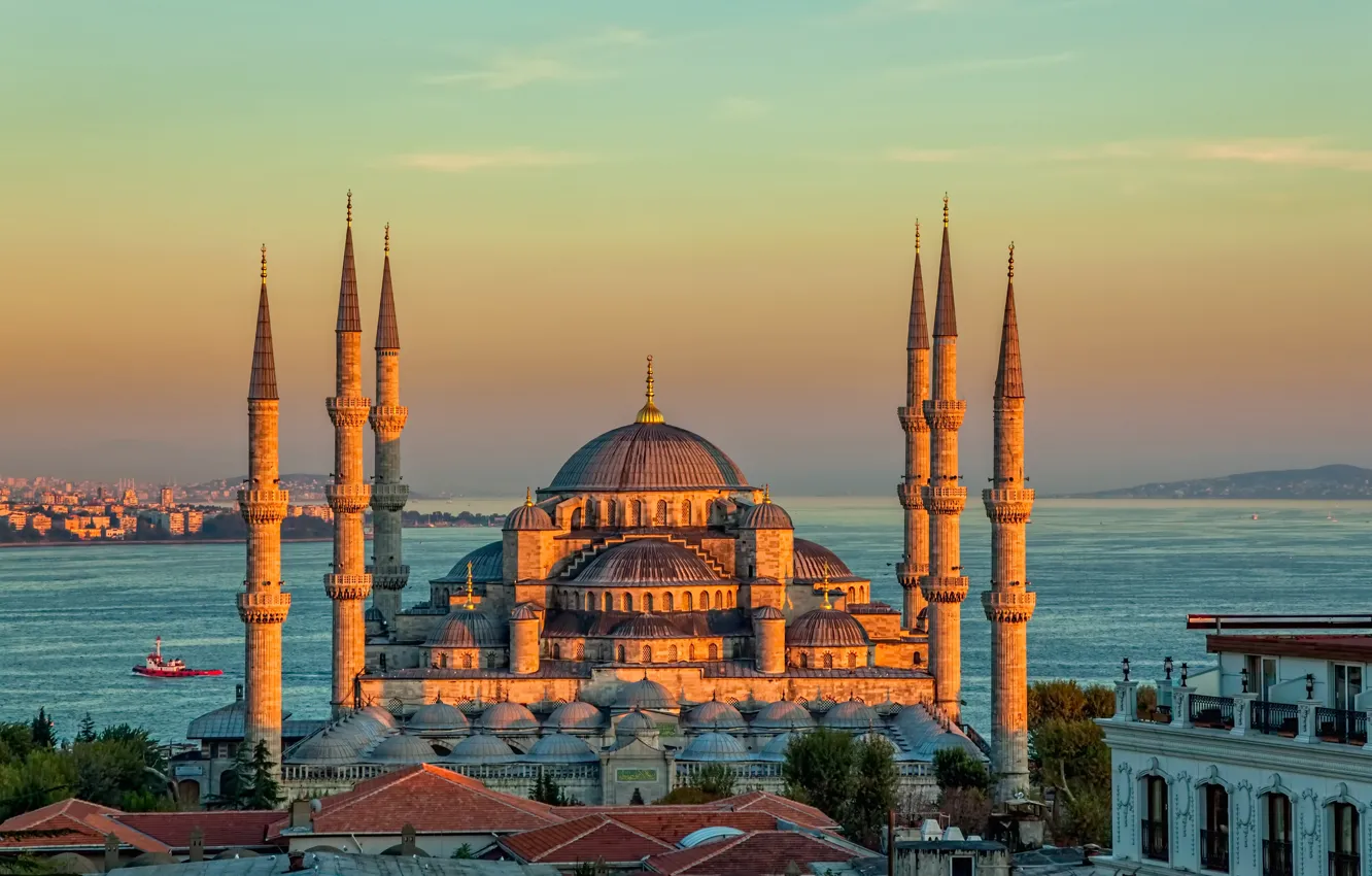 Фото обои пейзаж, закат, пролив, башни, храм, Стамбул, Турция, дворец