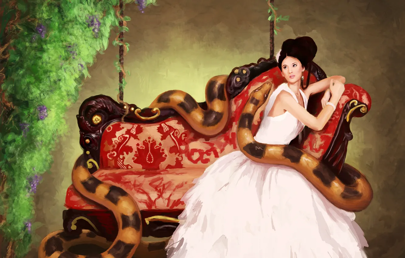 Фото обои девушка, цветы, диван, змея, платье, арт, sanguisgelidus