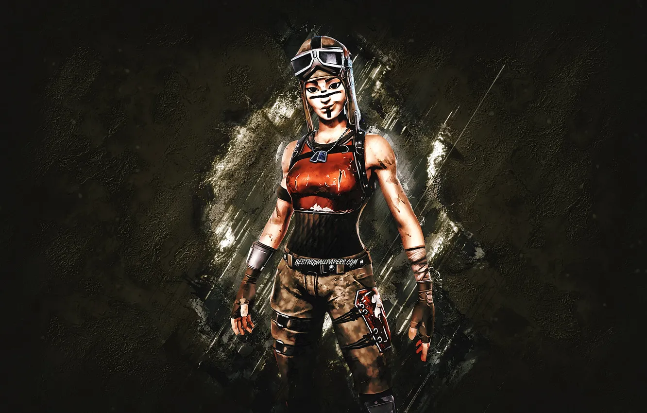 Фото обои Fortnite, Fortnite characters, main characters, Fortnite skins, Fortnite Renegade Raider Skin, brown stone background, Renegade …