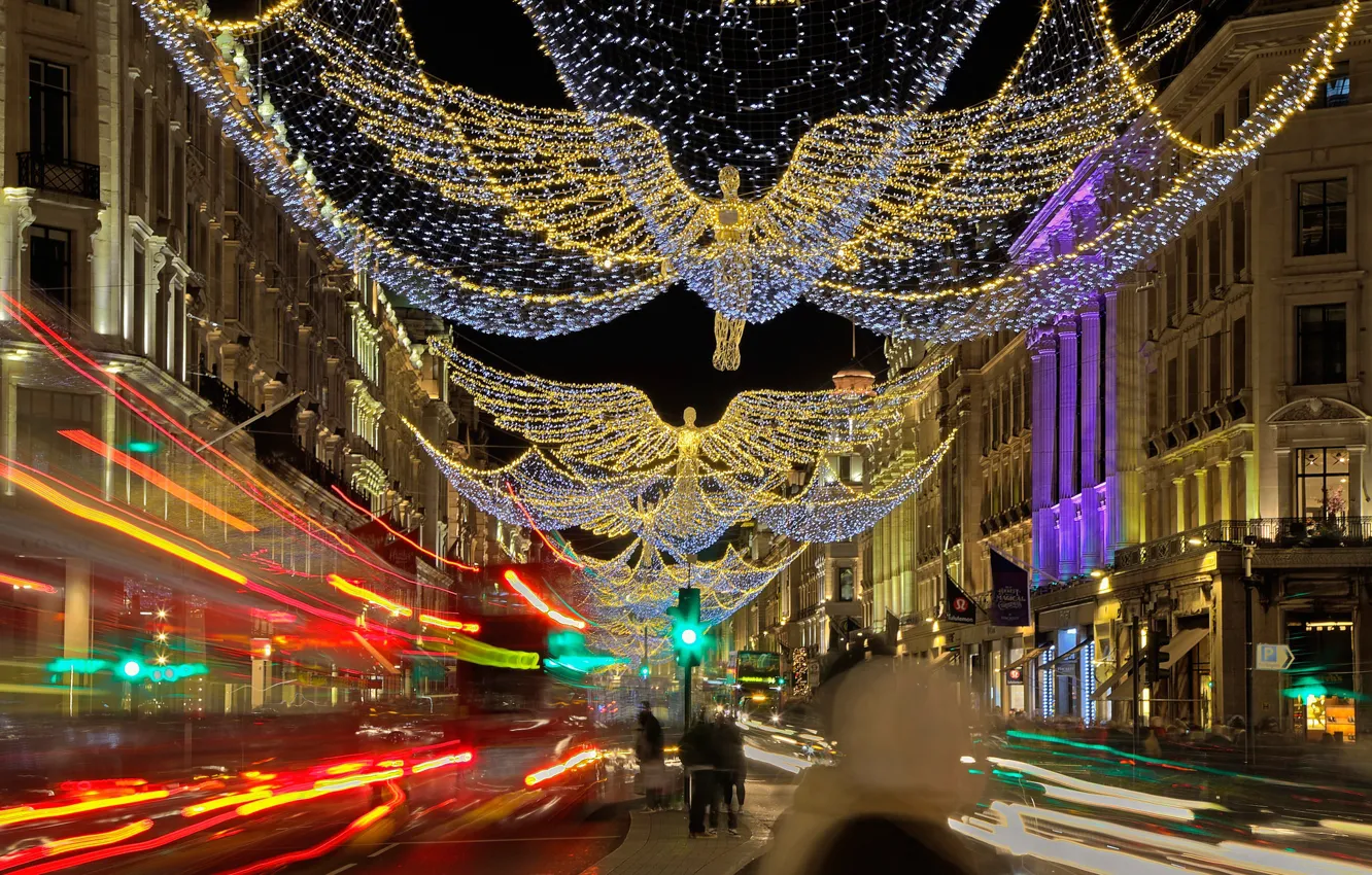 Фото обои огни, праздник, Англия, Лондон, Рождество, Риджент-стрит