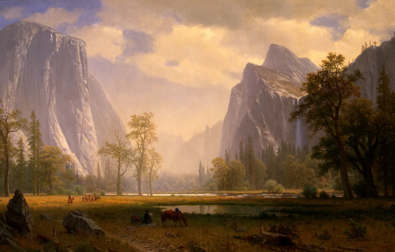 Фото обои картина, живопись, painting, Albert Bierstadt, Looking Up the Yosemite Valley