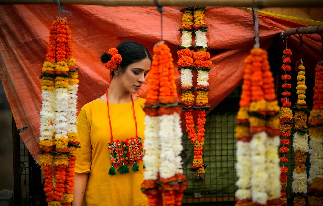 Фото обои girl, flowers, pose, indian, yellow dress, bollywood, fashion model