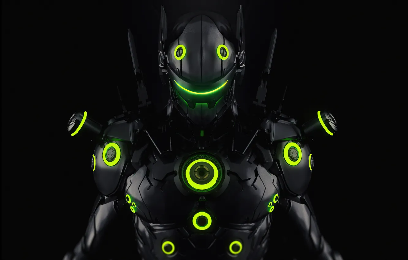 Фото обои подсветка, киборг, защитный костюм, датчики, герой игры, Overwatch, Genji Shimada, Genji