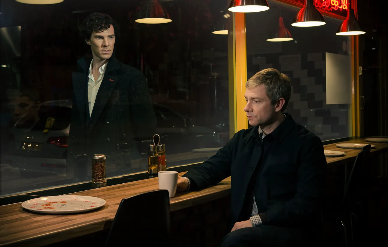 Фото обои машина, стол, лампы, стулья, окно, актеры, Шерлок Холмс, мужчины