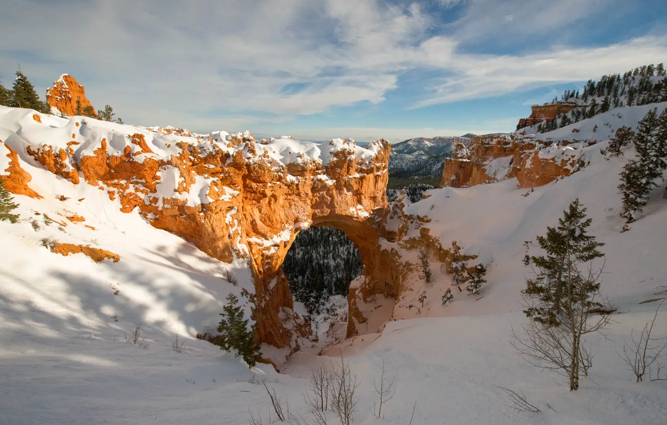 Фото обои зима, небо, снег, деревья, горы, скалы, каньон, арка