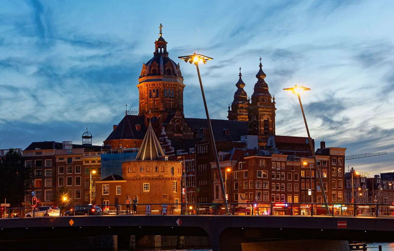 Фото обои небо, мост, огни, река, здания, дома, вечер, Амстердам