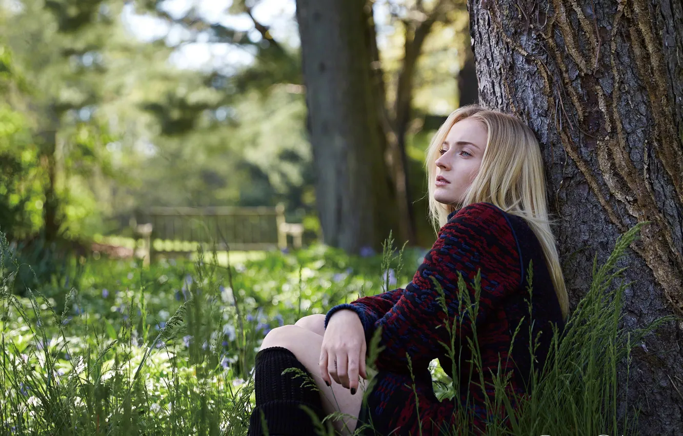 Фото обои взгляд, девушка, деревья, природа, парк, волосы, Vogue, Sophie Turner