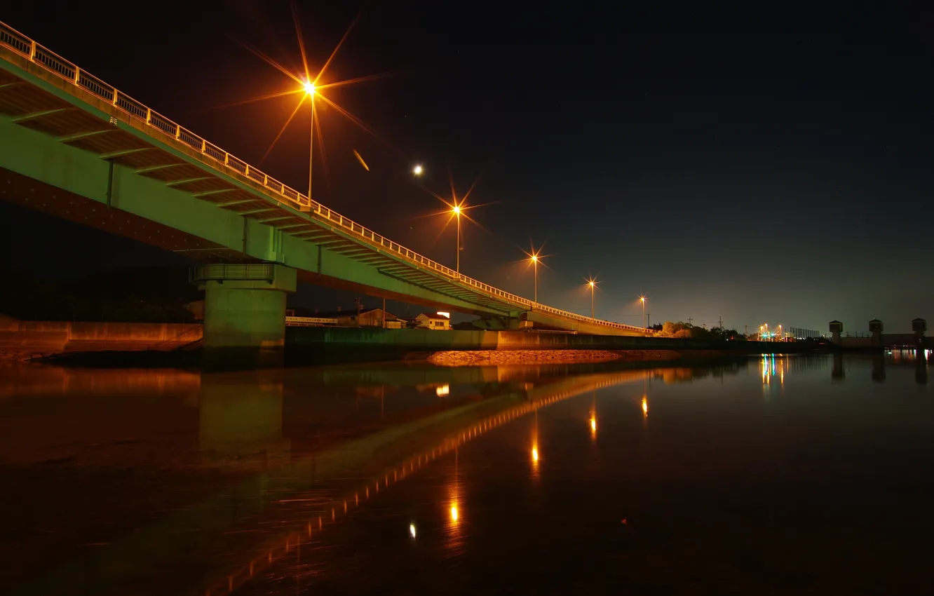 Фото обои вода, ночь, мост, огни, река