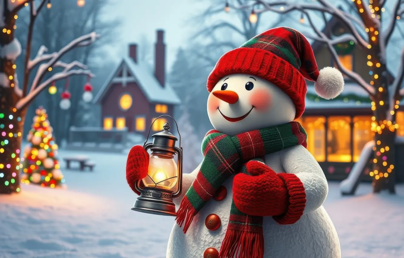 Фото обои зима, снег, ветки, огни, поляна, новый год, Рождество, двор