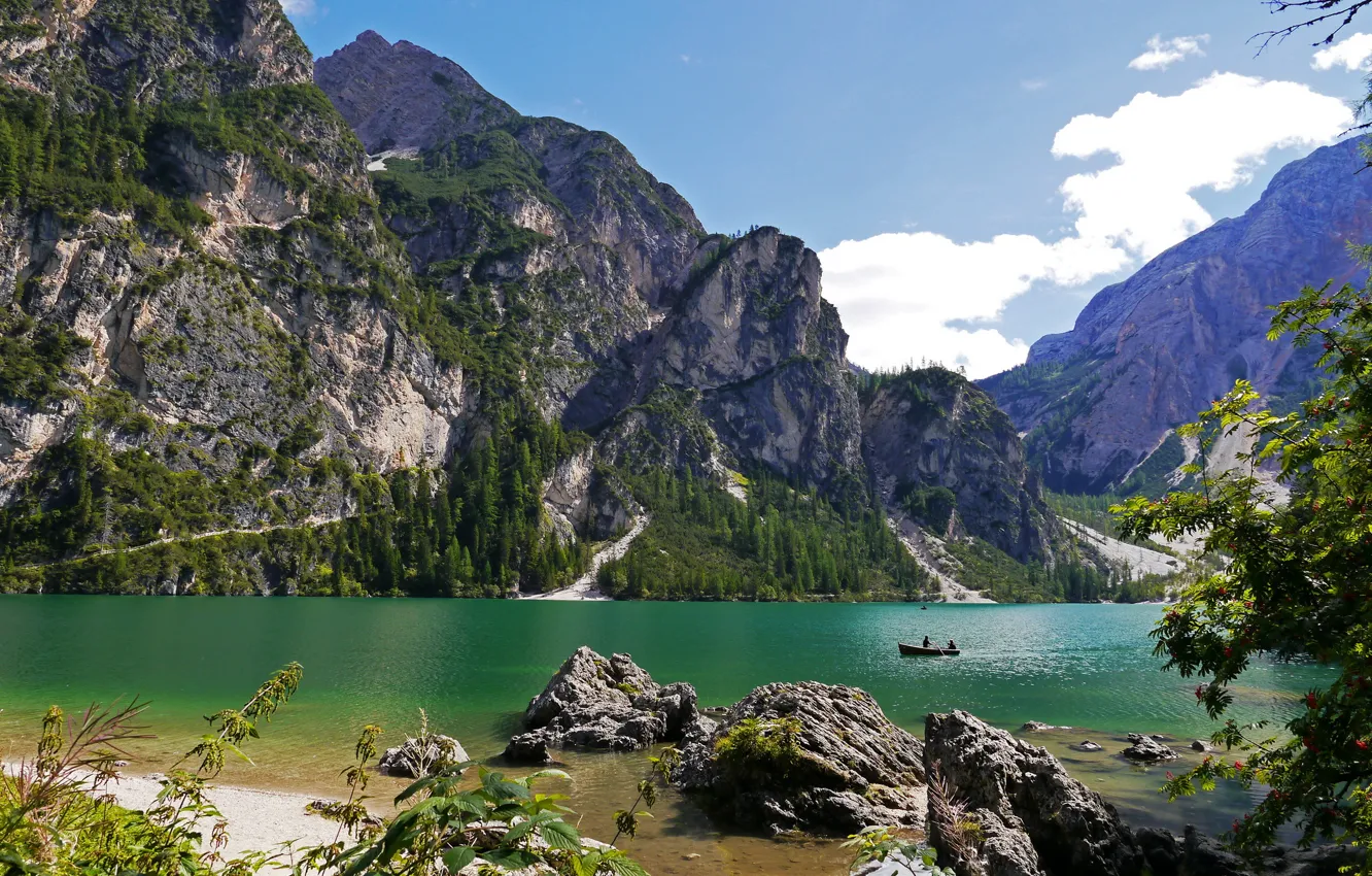 Фото обои горы, природа, озеро, скалы, лодка, Италия, Italy, nature