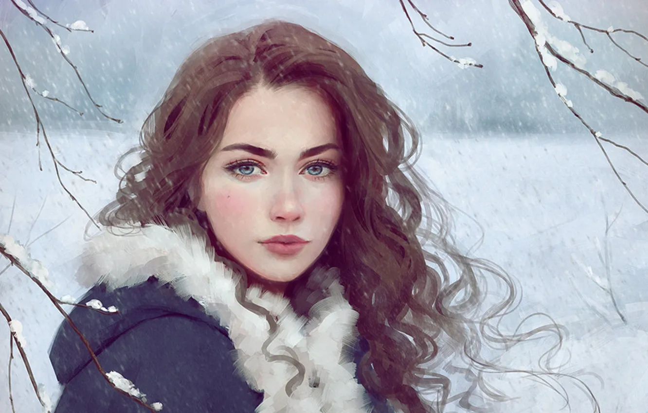 Фото обои girl, blue eyes, winter, snow, lips, face, painting, brunette