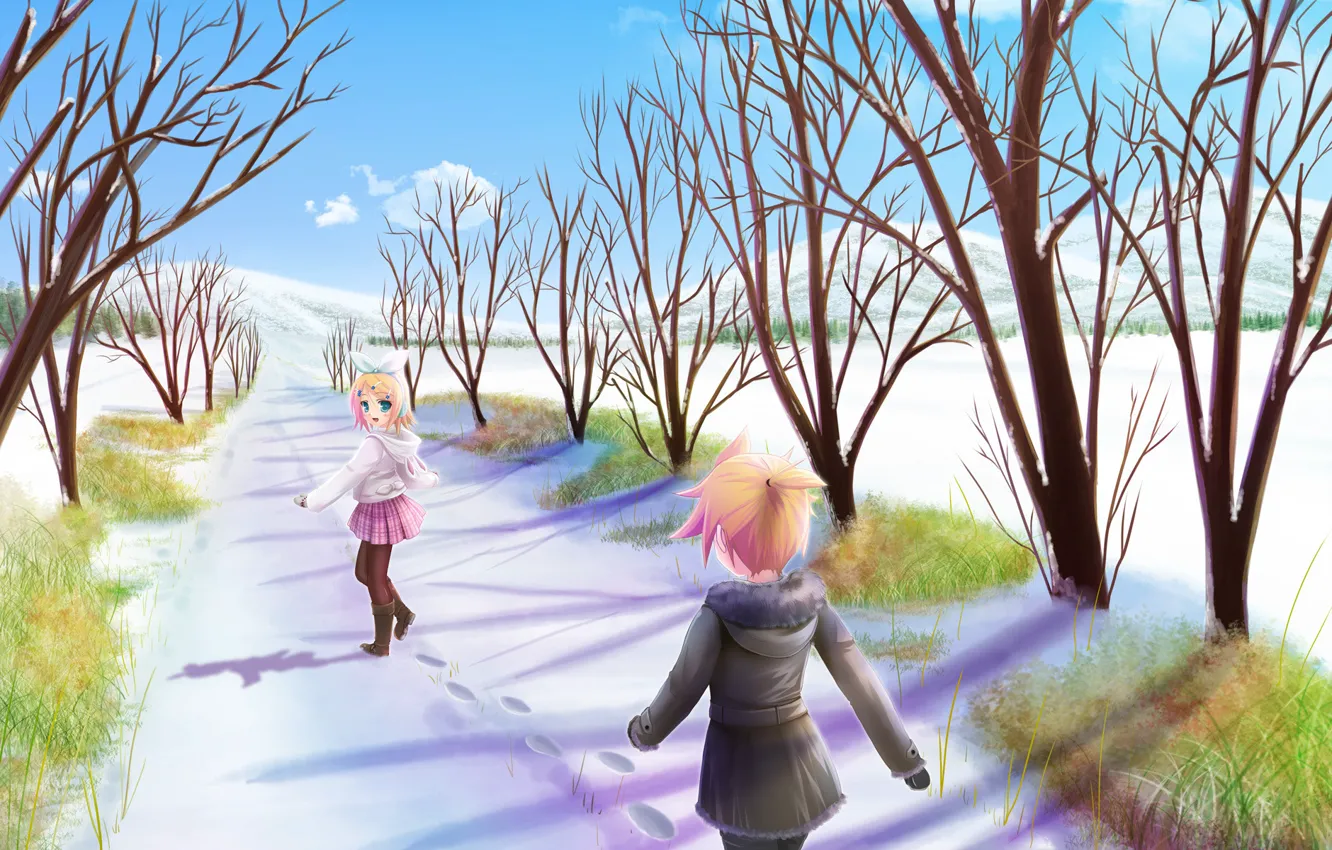 Фото обои зима, снег, настроение, аниме, лен, аллея, вокалоид, рин