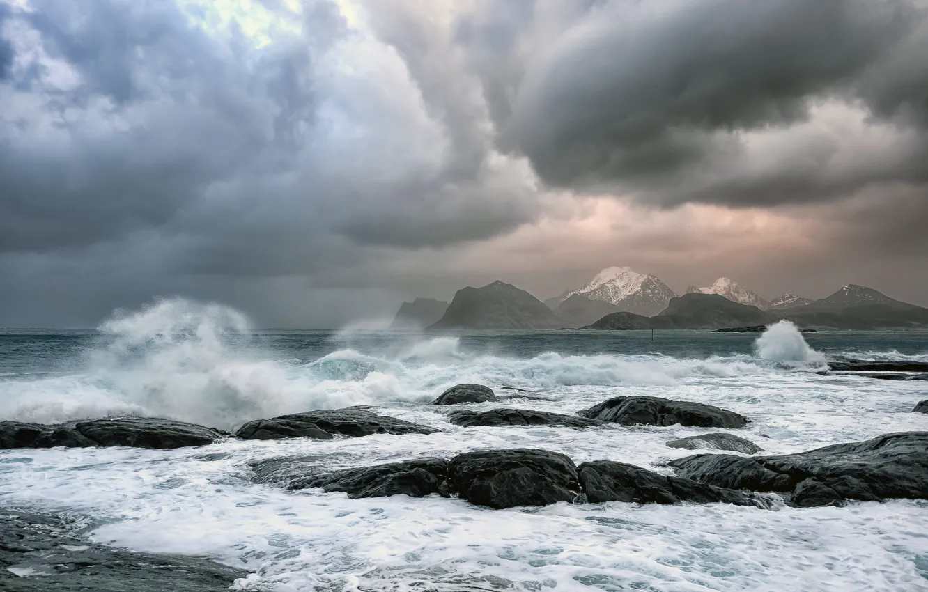 Фото обои waves, sea, clouds, rocks, bad weather