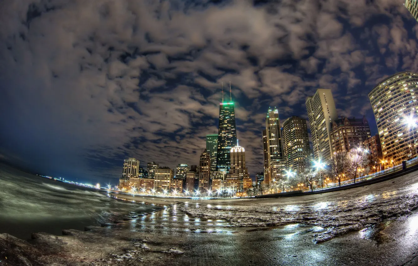 Фото обои огни, океан, побережье, здания, Чикаго, ночной город, Chicago, небоскрёбы
