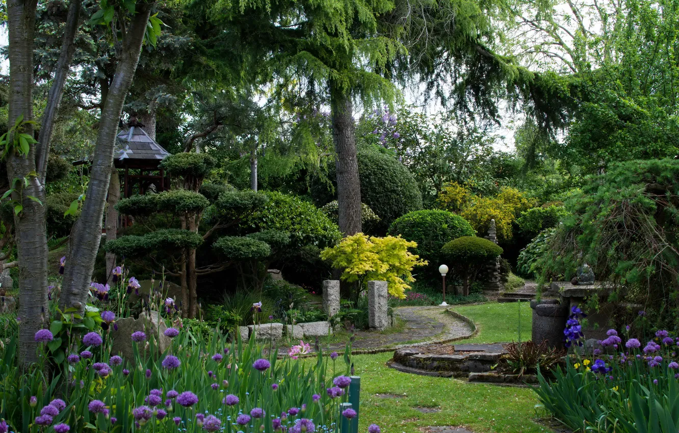 Фото обои деревья, цветы, дизайн, парк, камни, сад, фонарь, беседка